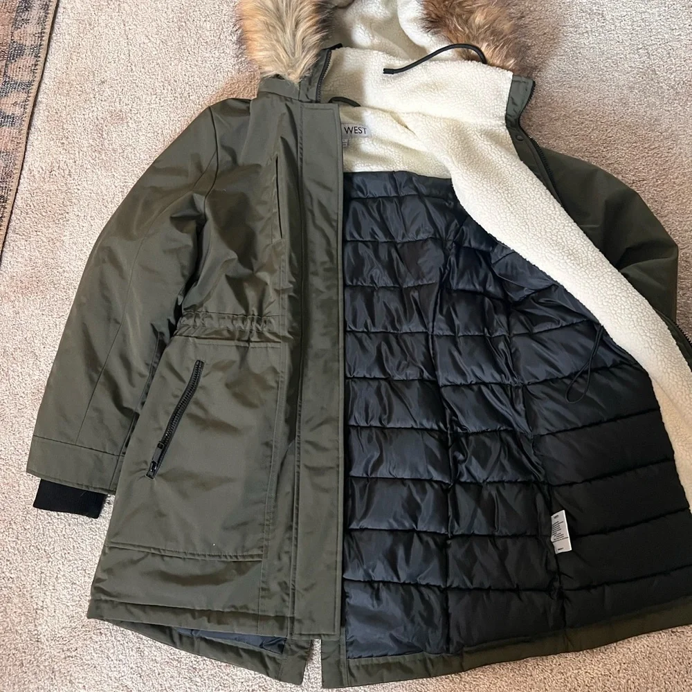 Nine West Fur Trim Hooded Parka Coat Green - Picture 5 of 12